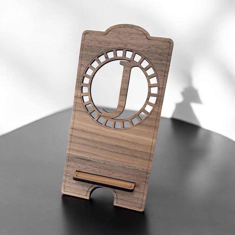 Custom Wood Phone Stand with Initial | Personalized Laser Cut Phone Holder | Walnut, Birch or White Oak | Gift for Him or Her - Coastal Chaos LLC